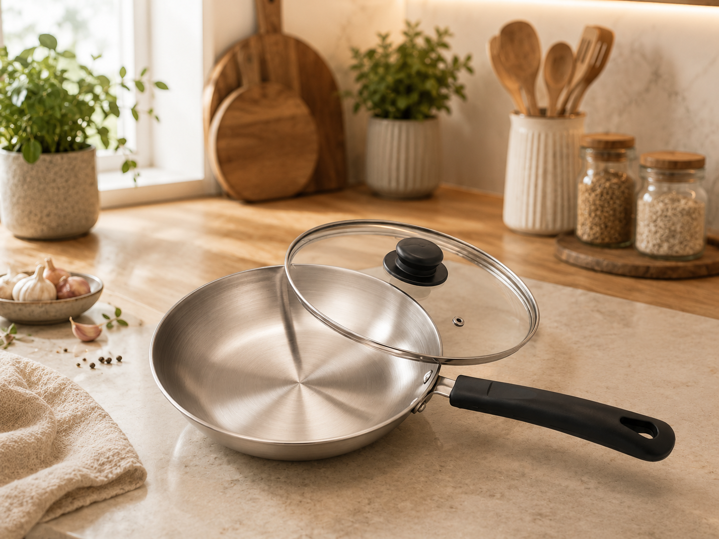 Triply Stainless Steel Frypan 24cm with Glass Lid
