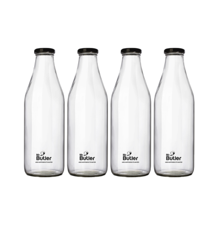 Glass Bottle with Extra Caps, 1 Litre, Pack of 4, Clear
