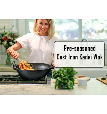 Pre-Seasoned Cast Iron Kadai/Wok 9 Inch, 1.5 L Capacity
