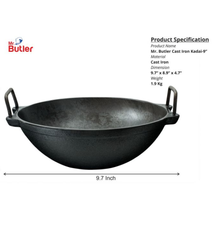 Pre-Seasoned Cast Iron Kadai/Wok 9 Inch, 1.5 L Capacity