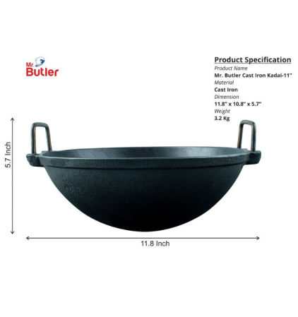 Pre-Seasoned Cast Iron Kadai/Wok 11 Inch, 3 L Capacity