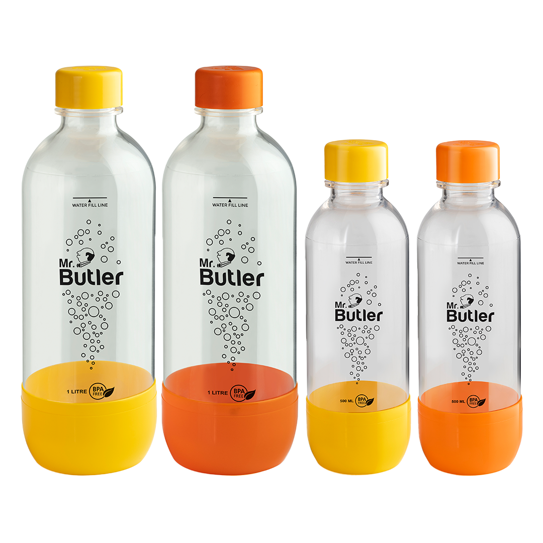 BPA Free PET Bottle Combo Pack, 1000 ml & 500 ml, Pack of 4, Orange & Yellow