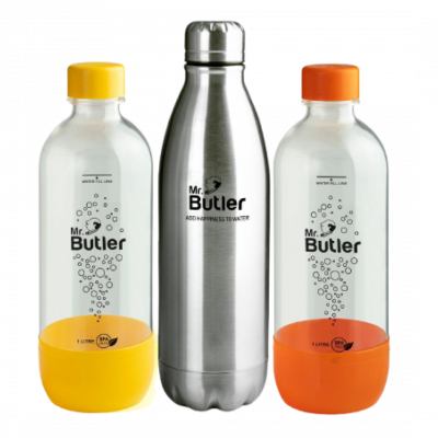 Mr. Butler Thermosteel & PET Bottle Combo - PET Bottle 1000 ml & Thermosteel Classic 750 ml , Pack of 3, Black & Silver