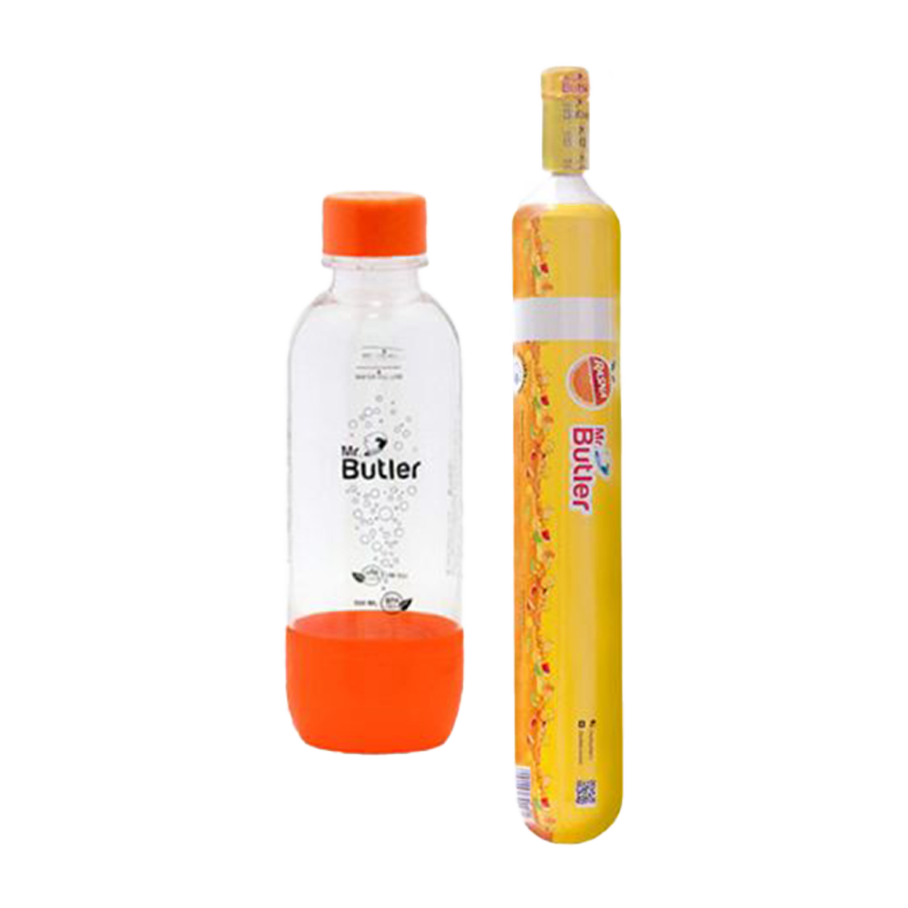 Mr. Butler Soda Maker Accessory Pack - CO2 Gas Cylinder and BPA-Free 500 ml Orange PET Bottle 