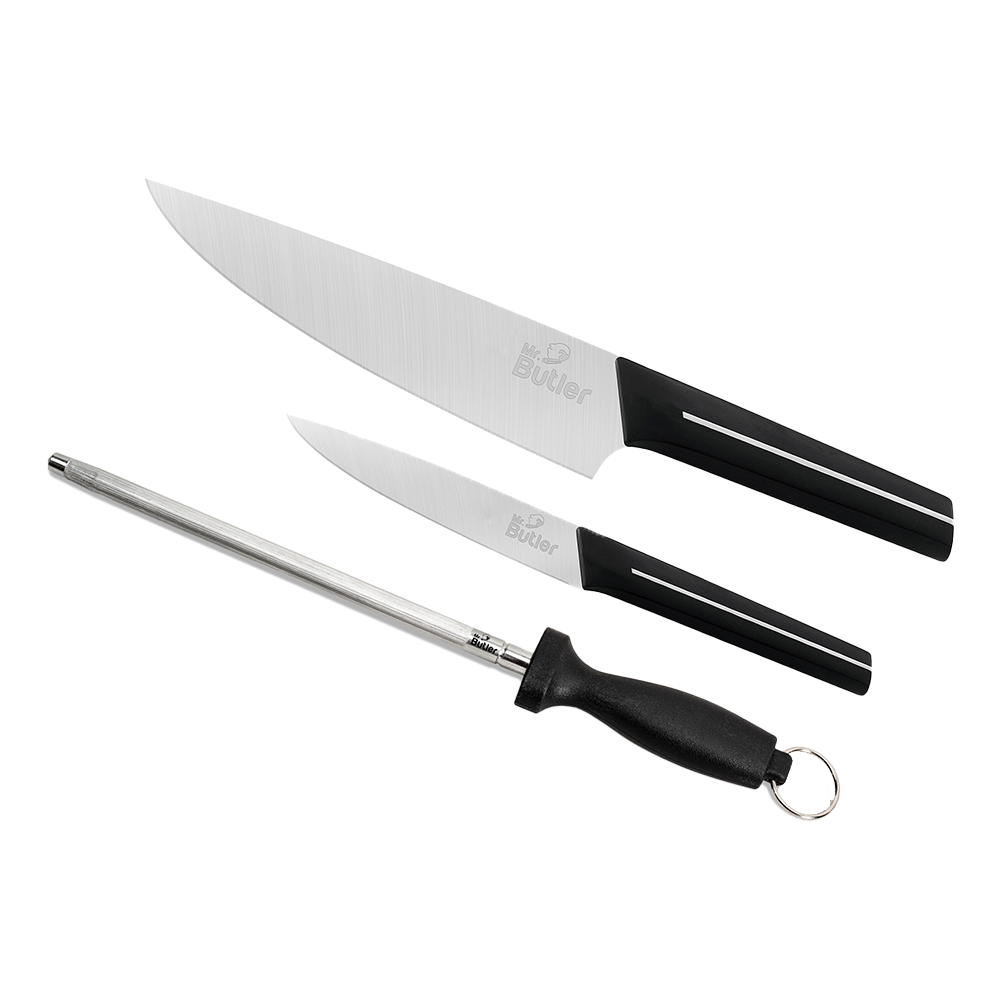 Kitchen Knife Combo Pack - Chef Knife, Utility Knife & Sharpener Rod, Pack of 3